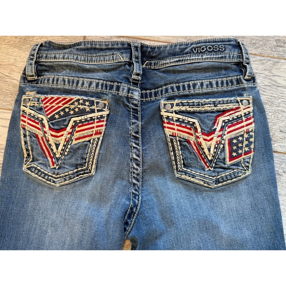 Vigoss Bootcut Jeans 8 Flag HoLeS Pocket Embroidered Stretch Boot Western Jean - Picture 15 of 16